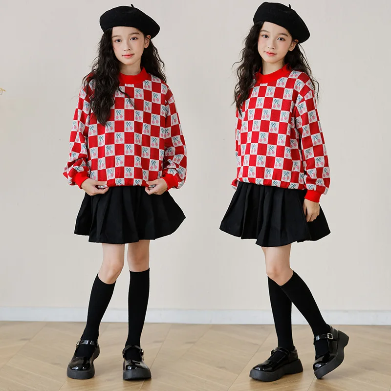 Korea Spring Autumn Junior Girl 2-Piece Sets School Girl Checkered Cheery Sweatshirt+Pleated Skirt Sets Girl From 4-12 Years Old