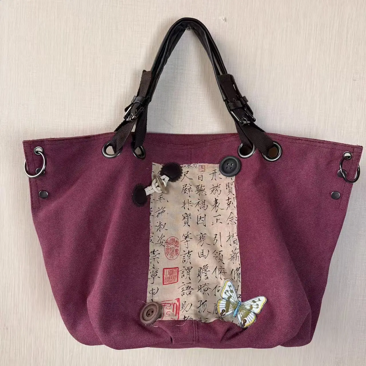 Original Designer Canvas-Tasche für Damen mit Nieten-Verzierung und Metall-Handgriff, Modische Schultertasche für Frauen – Detail 1