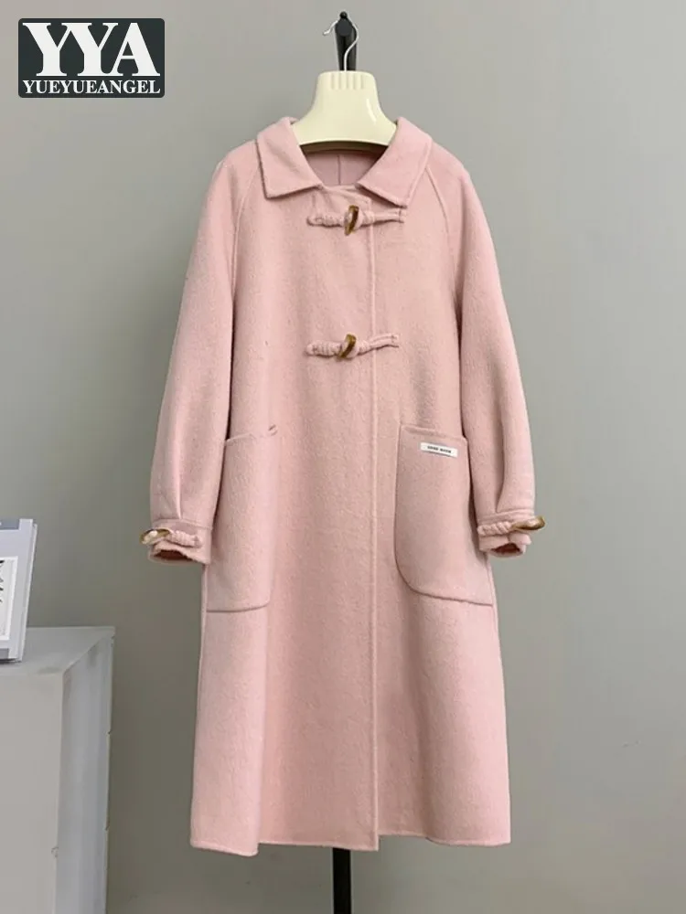 

Autumn Winter Women Knot Horn Button Double Sided Wool Coat Loose Fit Long Trench Vintage Windbrbeaker Woolen Blends Overcoat