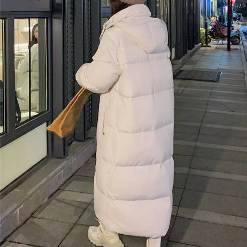 2023 New Women Down Cotton Coat Winter Jacket Female Long Over The Knee Parkas Loose Thick Outwear Solid Color Hooded Overcoat