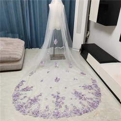 Lilac Purple 3D Flowers Wedding Bridal Veils Pearls Cathedral Long White Ivory Tulle Lace Edge With Comb For Brides Unique