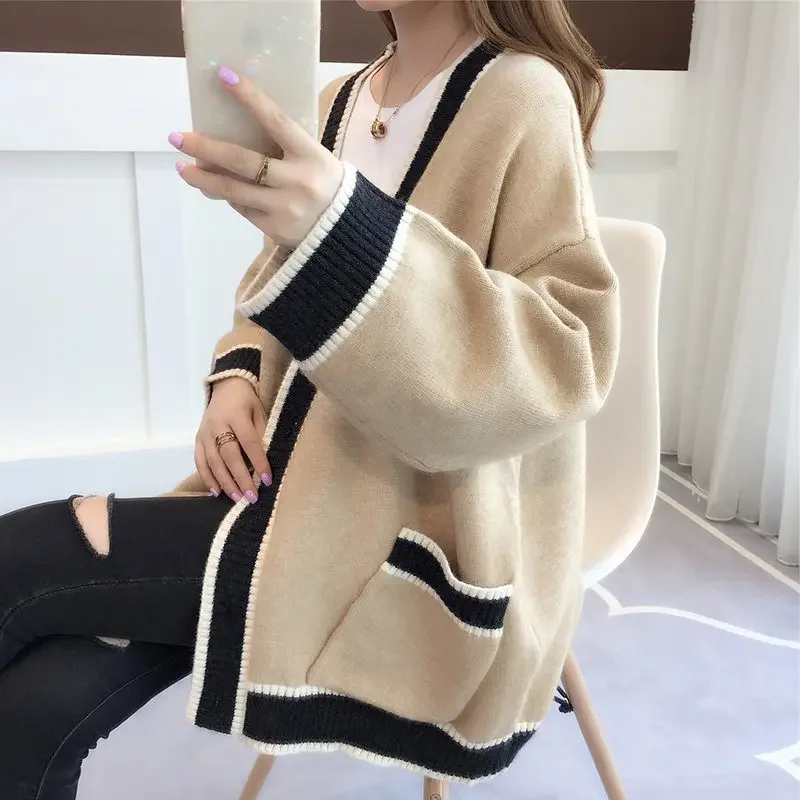 Spring New Women Elegant Long Sleeve Knitted Cardigan Korean Fashion Stripe Sweaters Winter V-neck Casual Knitwear Coats Female