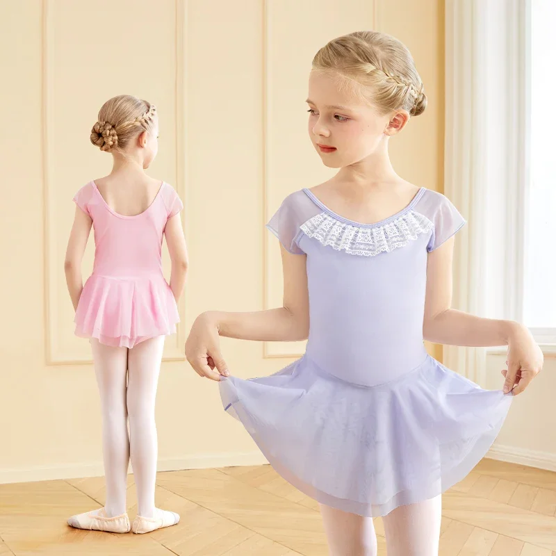 

Хлопковые кружевные купальники с рюшами и воротником для девочек, детское гимнастическое балетное танцевальное платье, балетные костюмы для малышей