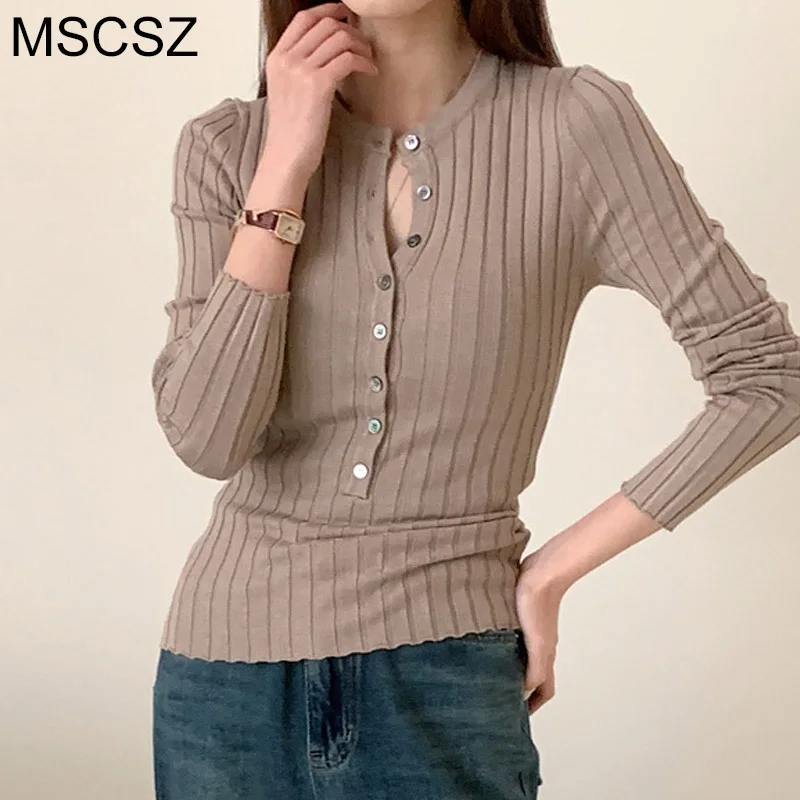 MSCSZ Button Up Knitted Sweater For Women O-Neck Long Sleeve Ribbed Jumper Fashion Solid Spring Fall Pullover Knitwear