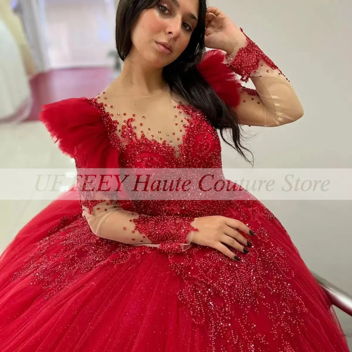 Abiti Quinceanera bordeaux di lusso abiti da ballo Appliques abito da ballo formale a maniche lunghe con perline di cristallo Vestidos De 15 asenos