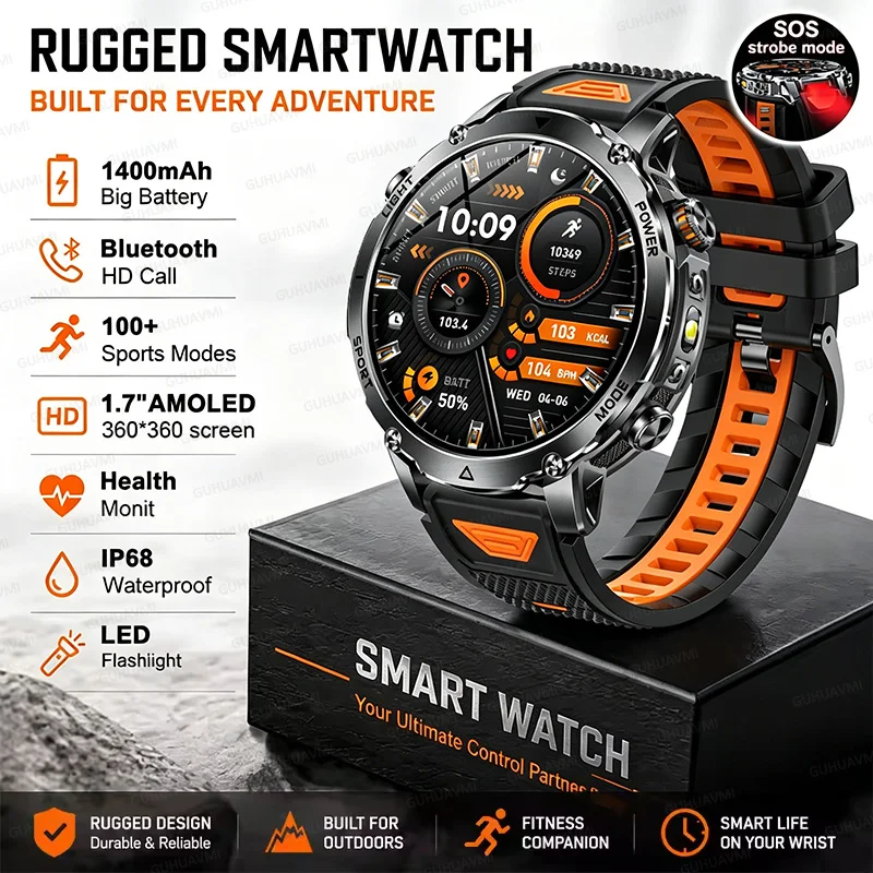 Military 1400mAh Battery Smart Watch Men 1.7" Screen IP68 Wa