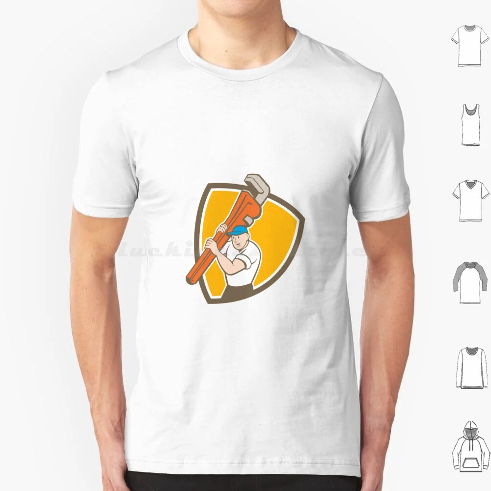 Plumber Carrying Monkey Wrench Shield Cartoon T Shirt Men Women Kids 6xl Plumber Monkey Wrench Wrench Carry Carrying Shoulder