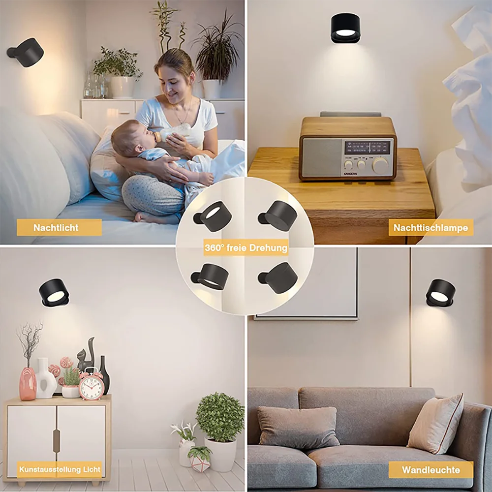 Magnetic LED Wall Light Rechargeable Reading Lights 360° Rotation Touch Remote Control Cabinet Spotlight Round Shape Night Lamp