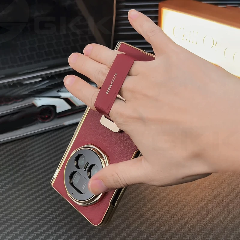 Etui ochronne z magnetycznym zawiasem, skórzanym wykończeniem, funkcją podstawki, paskiem na nadgarstek i szkłem ochronnym na ekran, odporne na wstrząsy, do Honor Magic V5. — zdjęcie produktu 3
