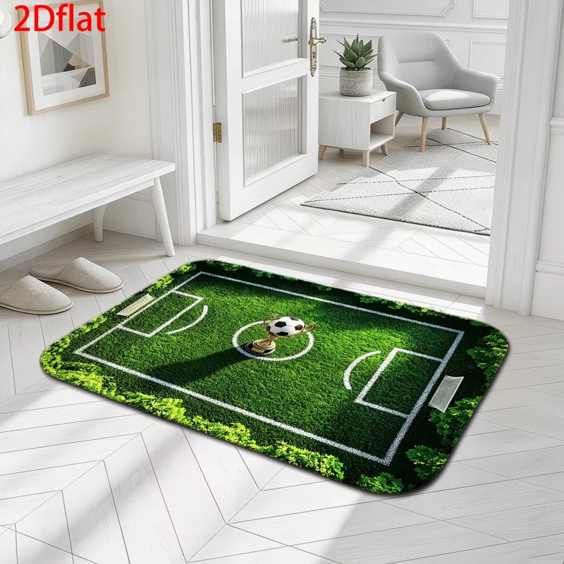 VIKAMA Soccer Field Pitch Line Entrance Rug Green Non Slip Washable Durable Hallway Floor Mat Sports Fan Home Gift Decor