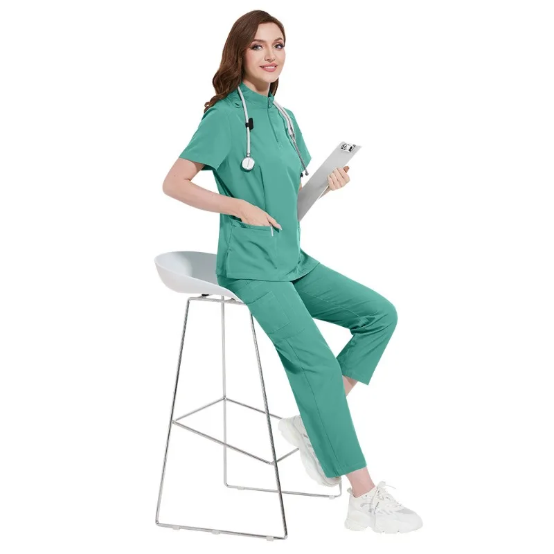 New Nurse Women Casual Short Sleeved Apparel Top Pharmacy Working Medical Hospital Doctor Nursing Uniform Stand-up collar Zipper