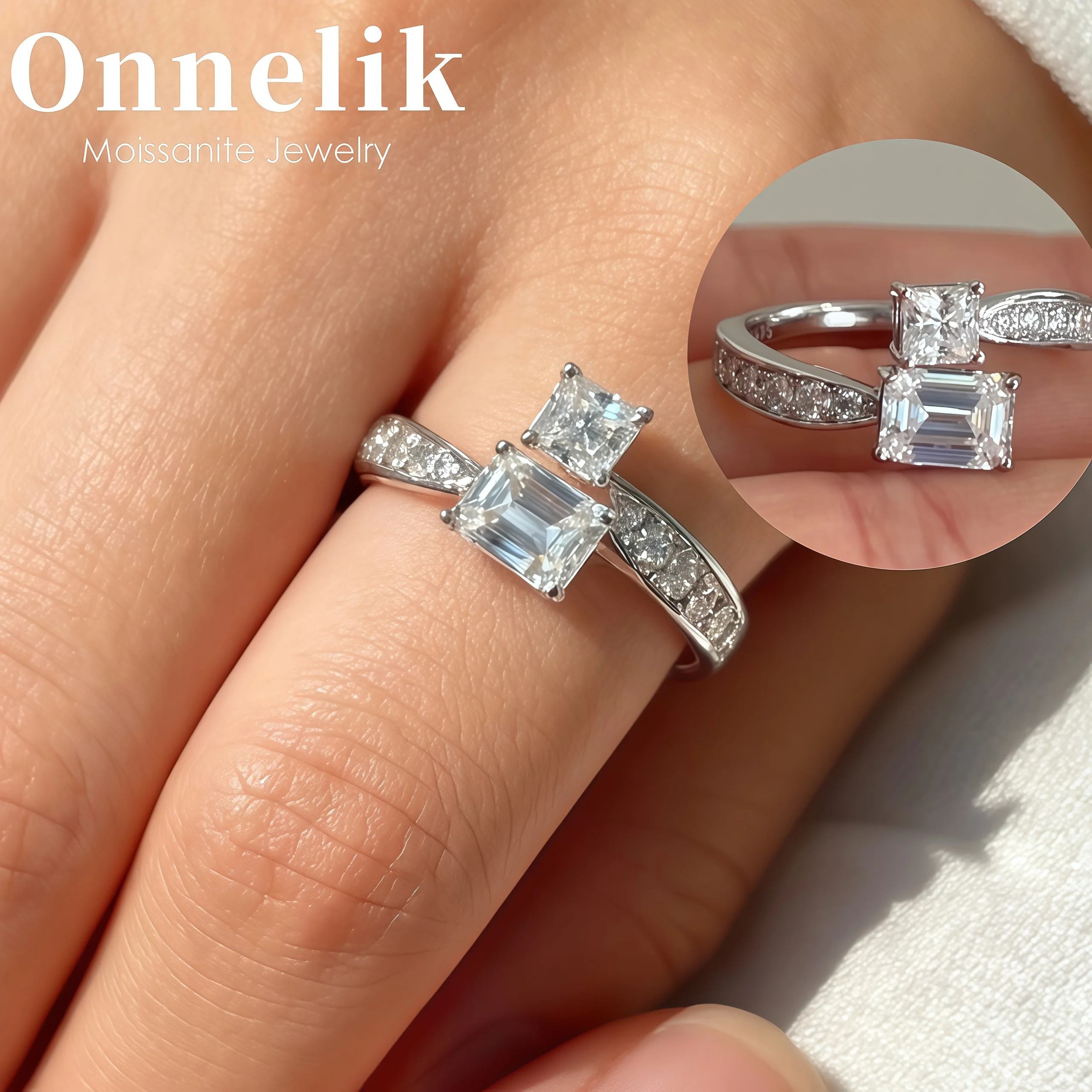 

Onnelik S925 Стерлингового Серебра Квадратное Кольцо Муассанит для Женщин Открытая Оправа Изумрудная Огранка Элегантная Огранка Ювелирные Изделия Минималистская Роскошь