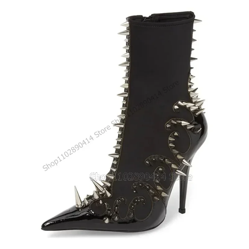 

Silver Spikes Black Patent Leather Pointed Toe Boots Side Zipper Women Shoes Thin High Heels New Runway 2023 Zapatos Para Mujere