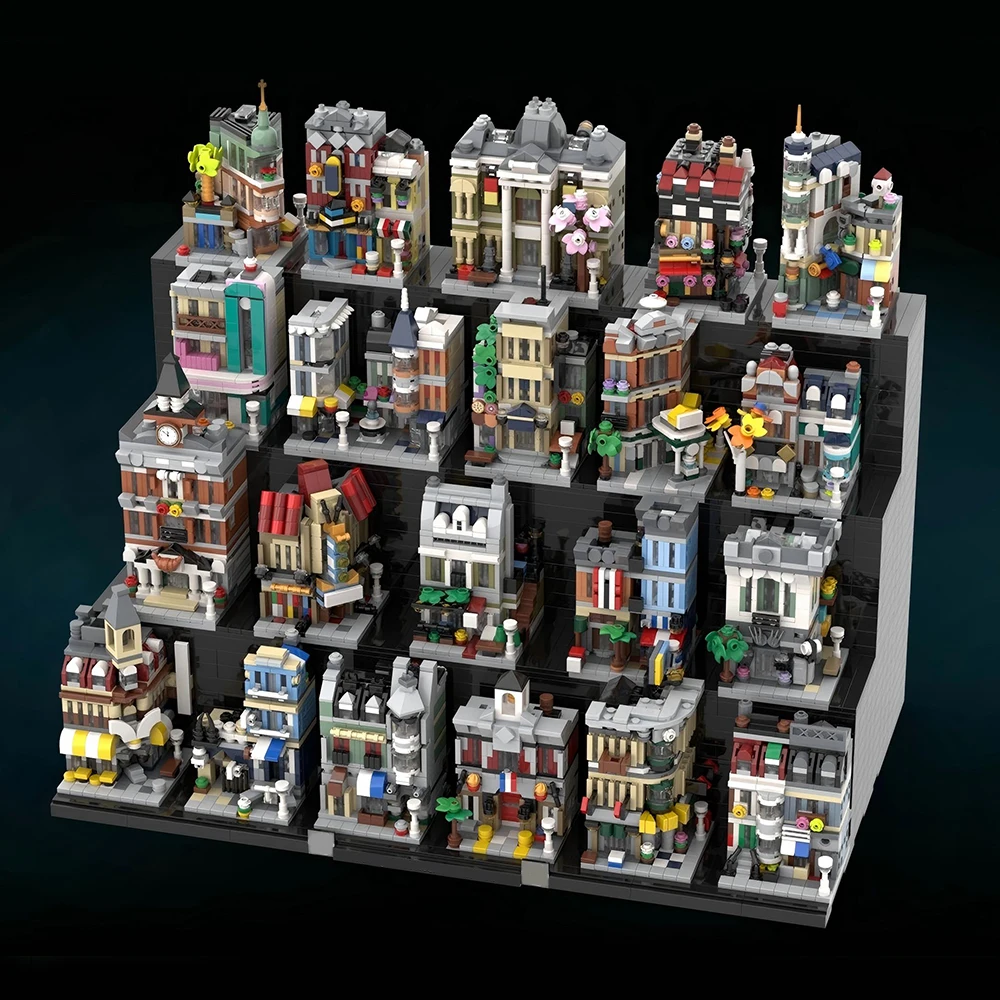 

7627PCS MOC Mini Modular Building Set, 21-Stove Commercial Street Model, DIY Building Block Assembly Children's Toy Boy Gift Set