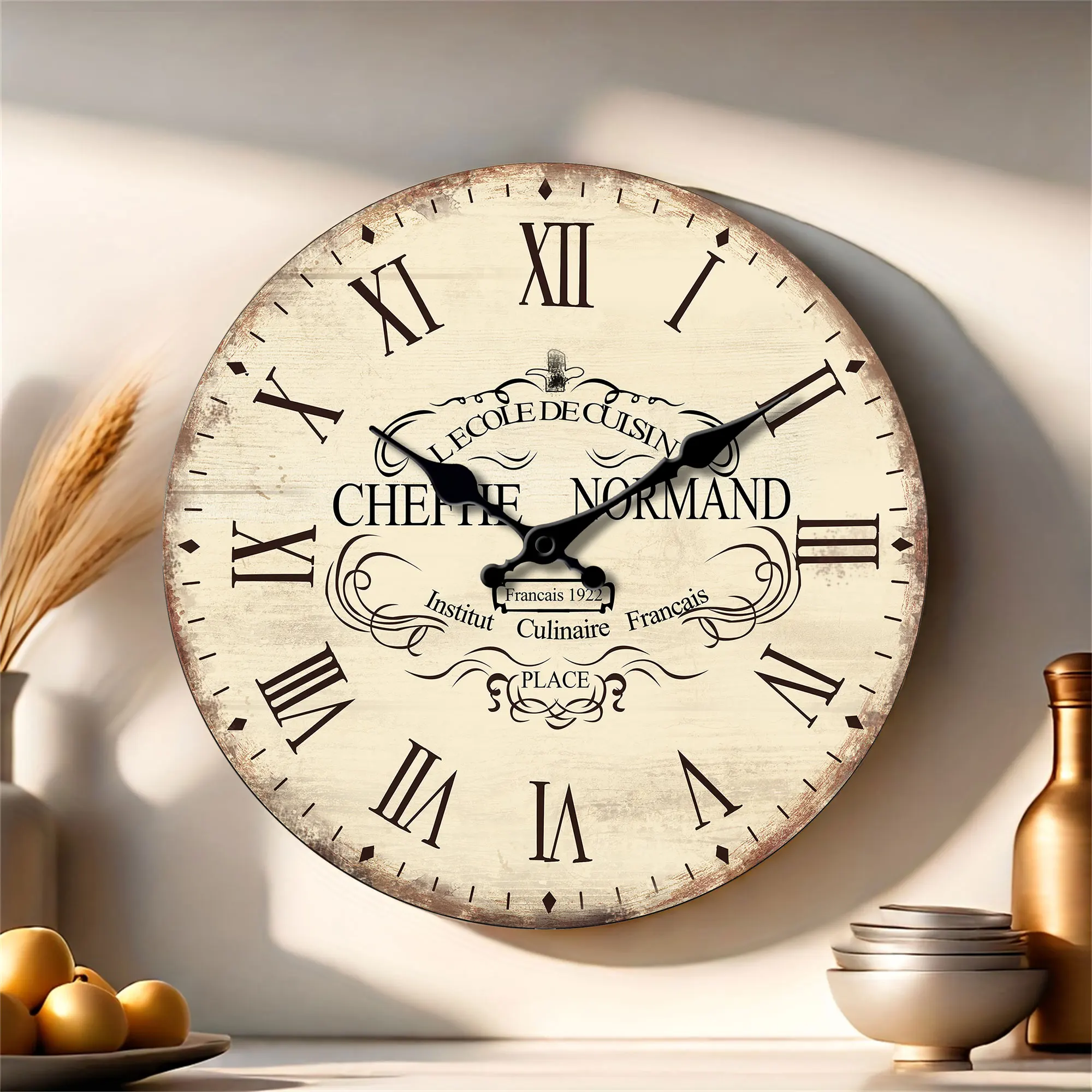 1 wooden kitchen wall clock, retro culinary Academy with Roman numerals design wall clock, home mute clock, suitable for home de
