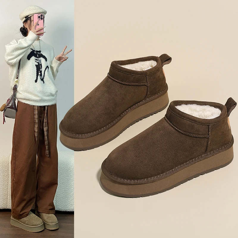 2026 Winter New Fleece Thickened Fashion Warm Cotton Shoes, Fur Integrated Bread Shoes, Thick Sole Snow Boots