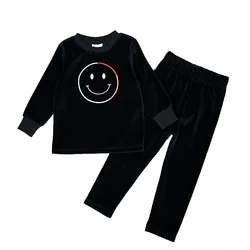Children boy and girls long sleeve black set top and pant round neck 2pcs set teen casual black velour pajamas smile embroidery