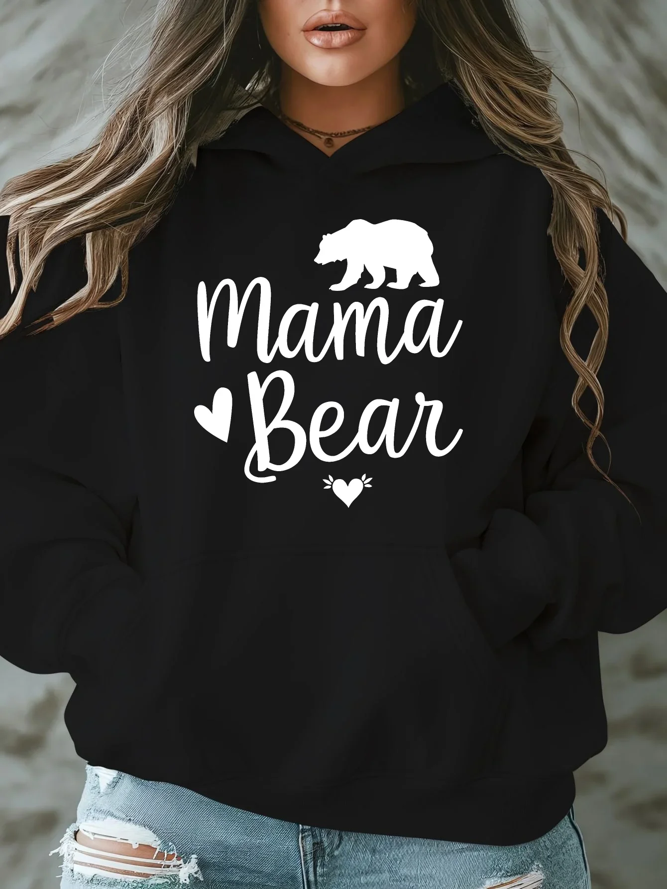 

Женская повседневная толстовка с капюшоном «Мама Медведь» с принтом, осенне-зимняя флисовая уличная одежда, повседневная женская одежда