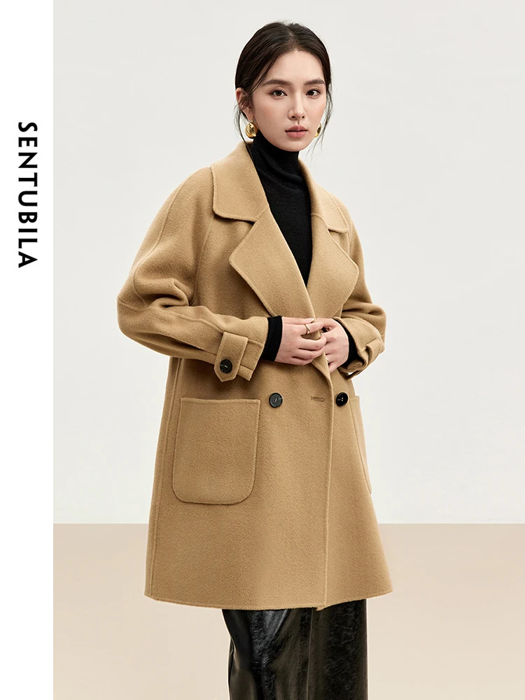 SENTUBILA Texture 100% Woolen Coat Jackets for Women 2024 Winter Fashion Solid Big Pockets Mid-length Warm Coats W44O56016