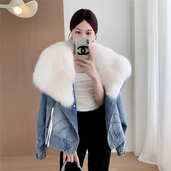 2023 New Winter Imitation Fox Fur Denim Jacket Women's Overcoat Fashion Blue Fur Collar Cotton-Padded Jacket Liner Jeans Coat