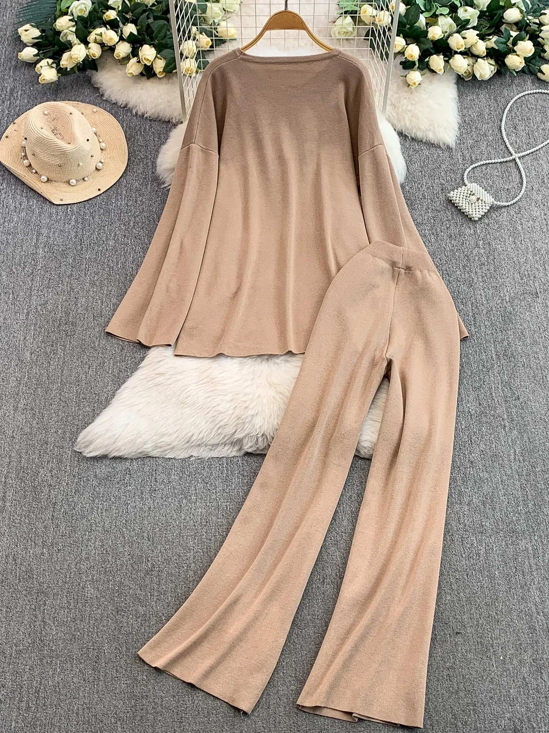 Conjunto de calças largas de cintura alta com sino sve cor pura cobrindo o bumbum top casual solto ajuste faion conjunto para mulher