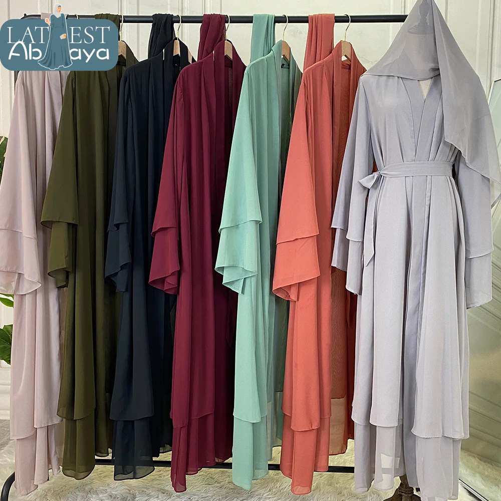 Fashion Chiffon Djellaba Muslim Dress Dubai Full Length Flare Sleeve With Scarf Abaya Islamic Dresses Turkey Muslim Islam Robe