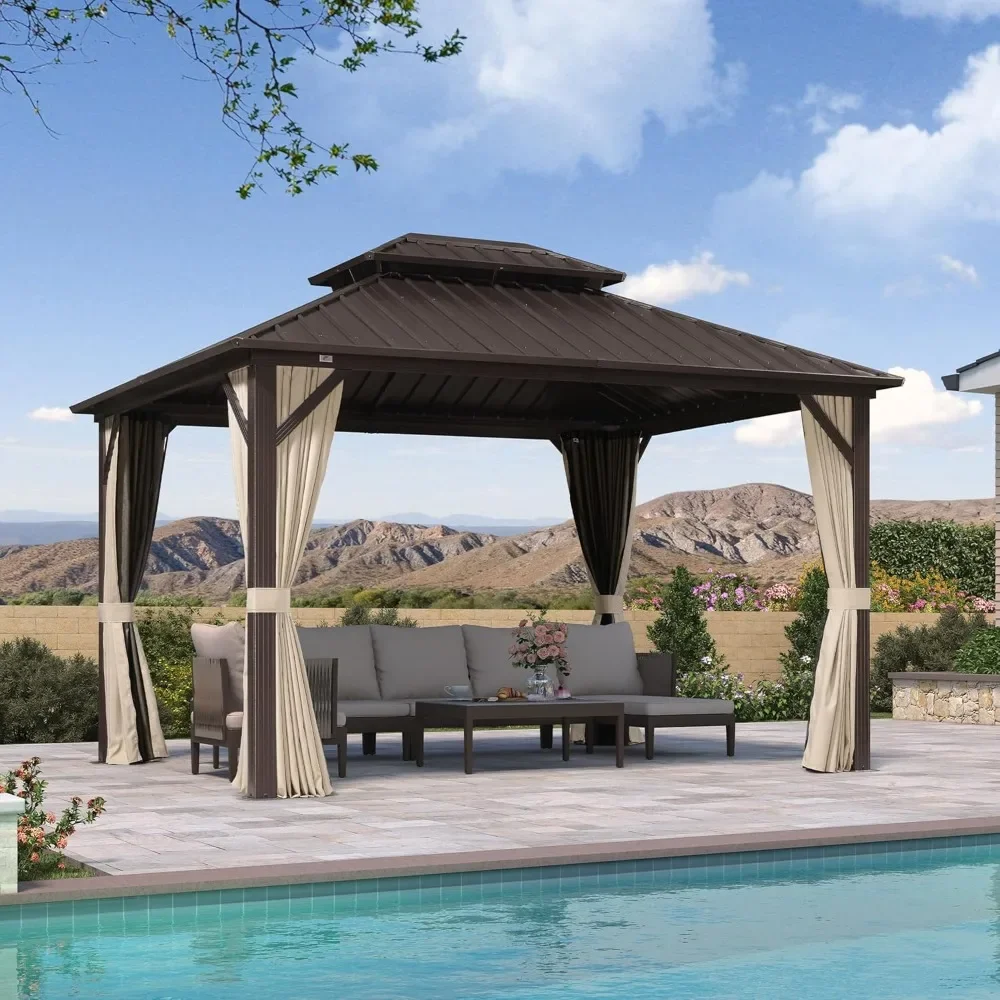 

10’ X 12’ Outdoor Hardtop Gazebo Metal Frame Galvanized Steel Double Roof with Curtains and Nettings for Patio Desk
