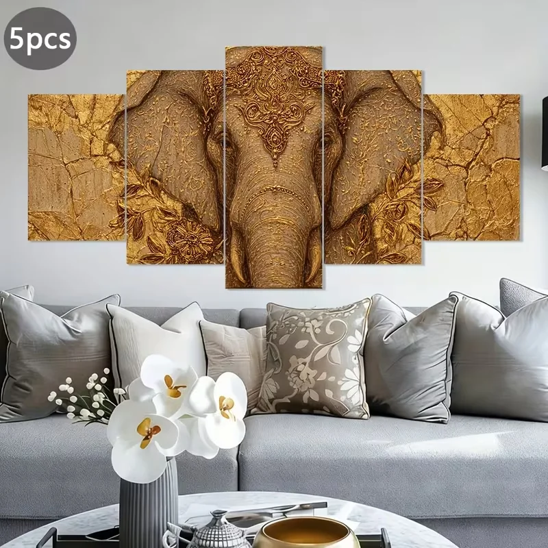 [2D Flat] 1pc or 5pcs Large Elephant Canvas Painting - Golden & Brown Marble Texture Wall Art, Frameless Modern African Elephant