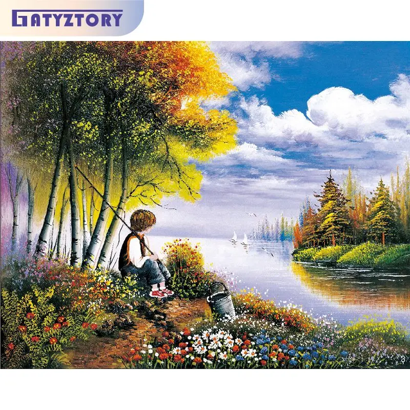 GATYZTORY Modern Painting By Numbers On Canvas Fishing Beside River Coloring By Numbers Wall Art Kids Picture Drawing Paint Kit