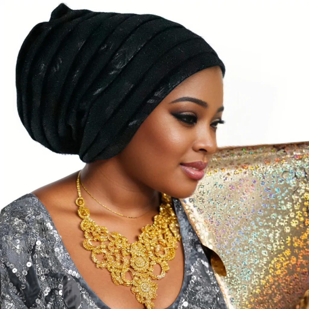 Pleated Women\'s Turban Hat Glitter Female Head Wrap Bonnet