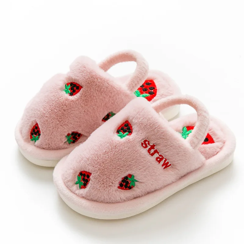 Fashion Toddler Girls Slippers for Winter Girls Fruits Children\'s Indoor Slides Non-Slip Platform Girls Warm Plush House Shoes