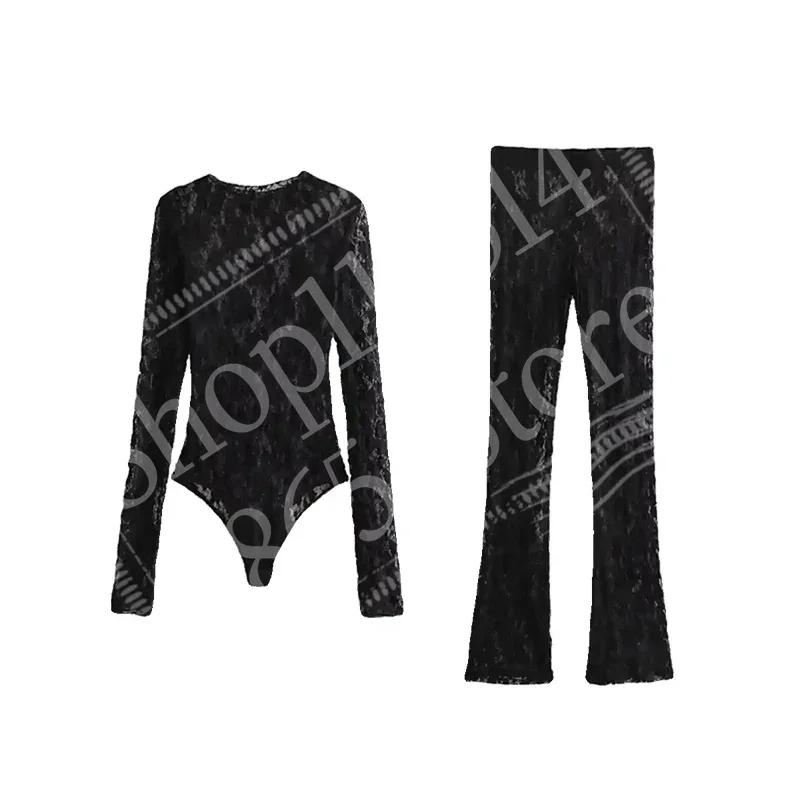 

Slim Fit Lace Jumpsuit Tops & Pants Set Sexy Full Sleeve Flower Hollow Out Design O-Neck Sexy Jumpsuit Fashion High Waist Pants