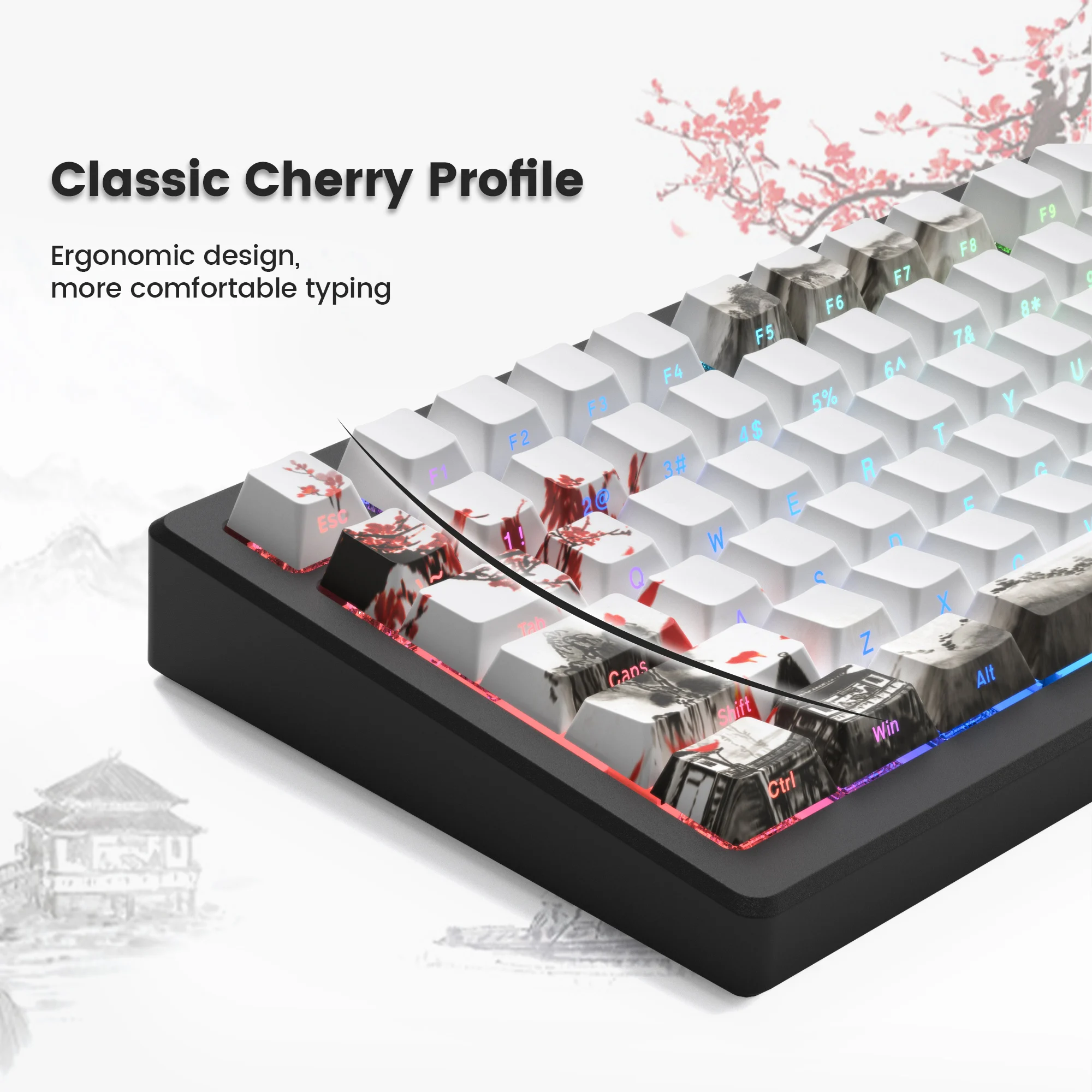 PBT Keycap para Teclado Mecânico Gamer, 127 Teclas, Brilho Através do Perfil Plum Blossom Cherry, Dye-Sub Cherry MX Switches