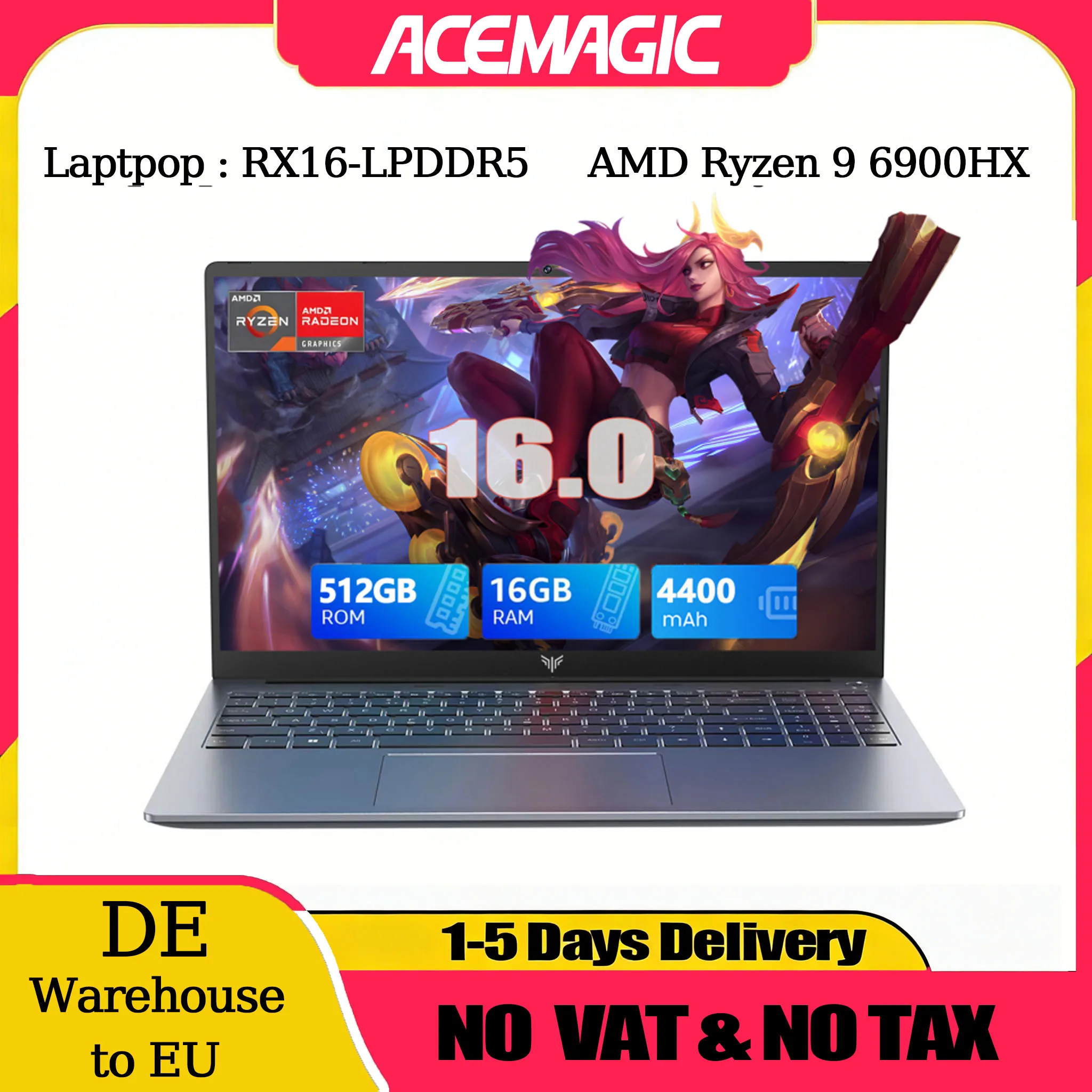 ACEMAGIC Laptop de 16 pulgadas FHD para juegos, AMD Ryzen 9 6900HX, 16 GB de RAM, 512 GB SSD, Windows 11 Pro, teclado retroiluminado, Wifi6, BT5.2