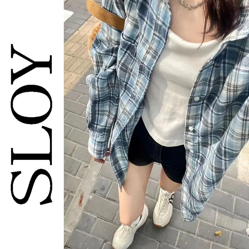 SLOY Korean Trendy Blue Plaid Long Sleeved Thin Shirt for Women\'s Summer New Loose Meat Covering Sunscreen Top Trendy