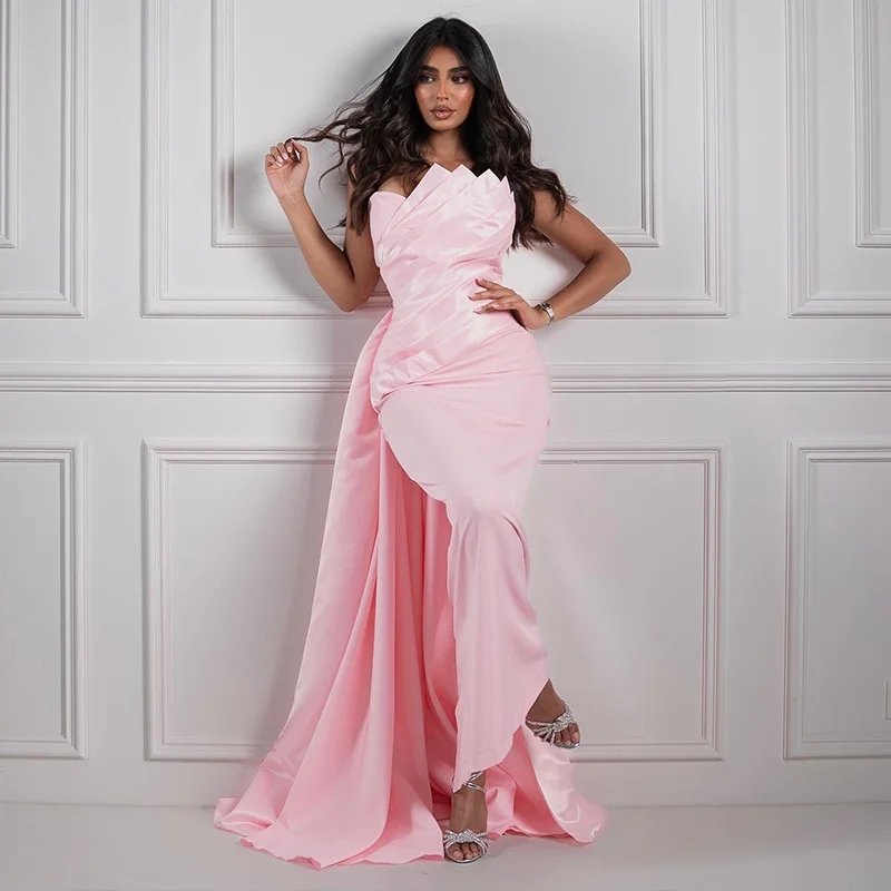 Jirocum Elegant Pink Mermaid Prom Gowns Women's Tiered Pleated Party Evening Dress Ankle Length Saudi Formal Occasion Gown 2024