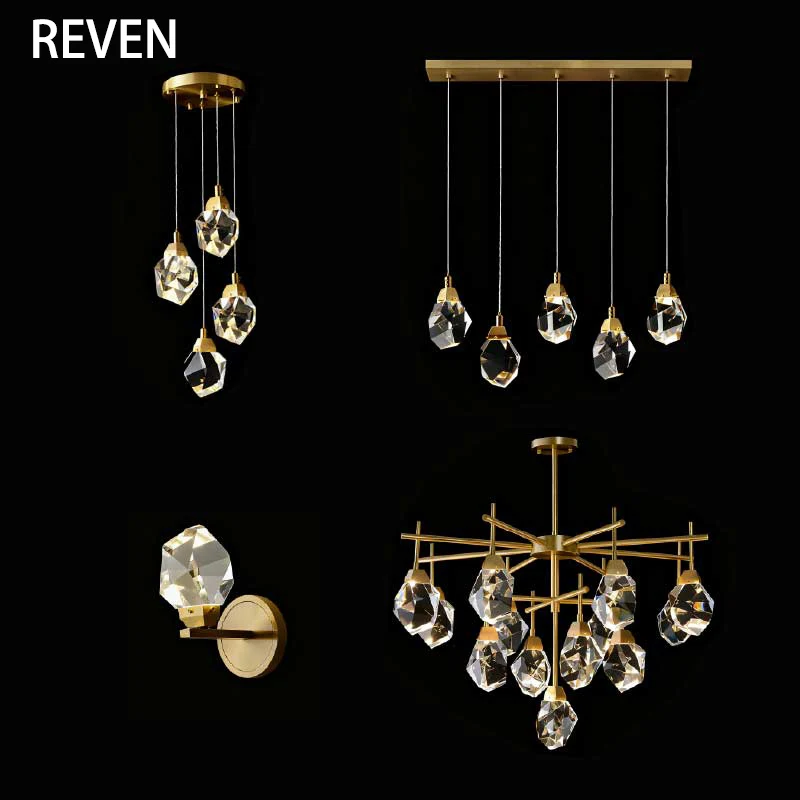 

REVEN Pendant Light American Style Brass Crystal Combination Gold Black Finish Chandelier Dimmable Three Light for Living Room
