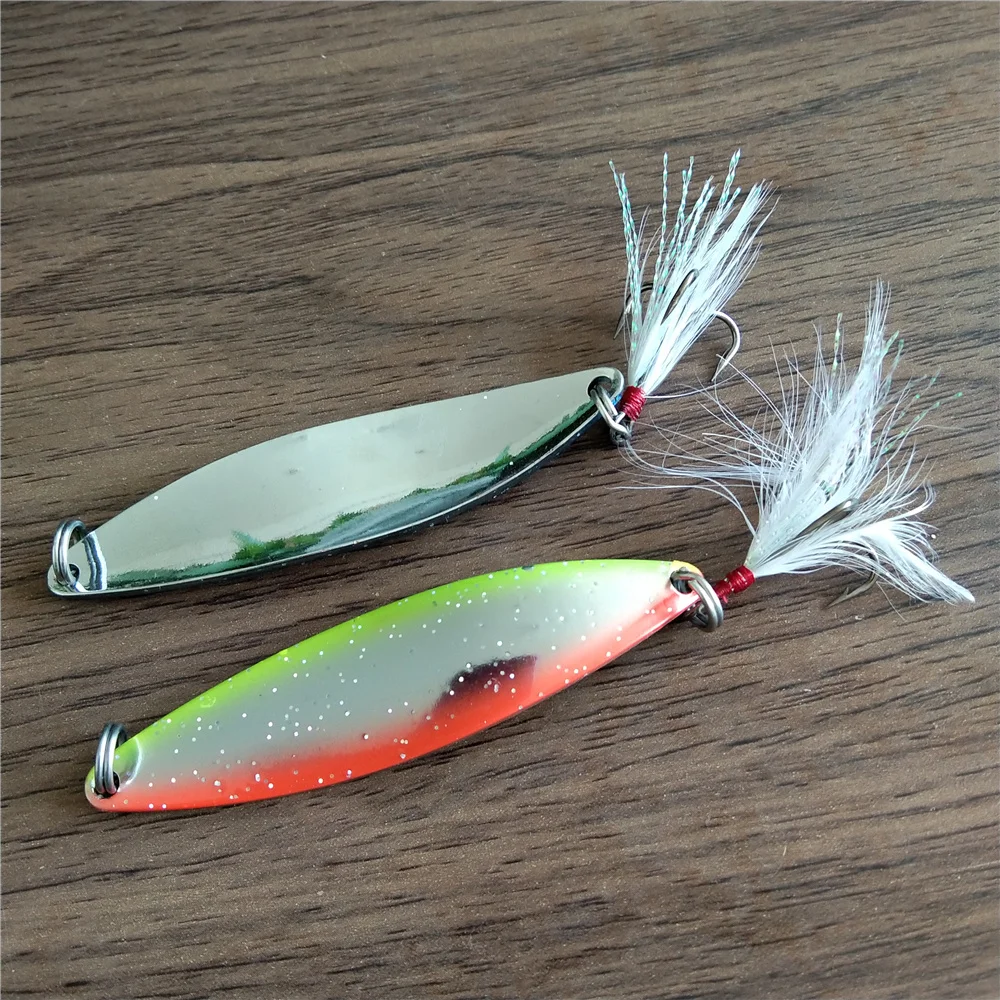 Swolfy 5 pièces 75 mm 17 g leurre de pêche à la mouche en métal avec lames et queues en plumes pour la pêche au bar, à la truite et en mer, lancer longue distance et traîne