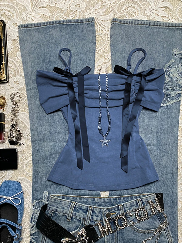 

Blue Ribbon T-irt Women Summer Sweet And Spicy One oulder Top Butterflies Knot Band T-irt Ladies Basic Fit Cotton Tee