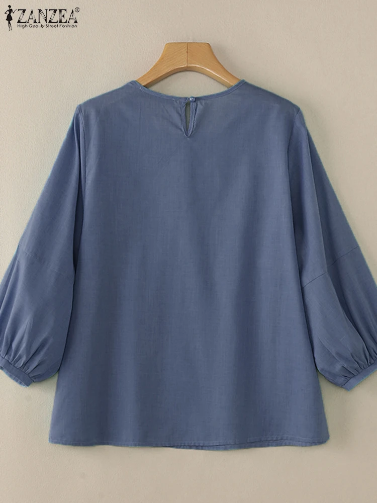 ZANZEA Lantern Sleeve Women\'s Blouses 2025 Spring Summer Loose Casual Solid Blusas Mujer Vintage O Neck 3/4 Sleeve Smock Tops