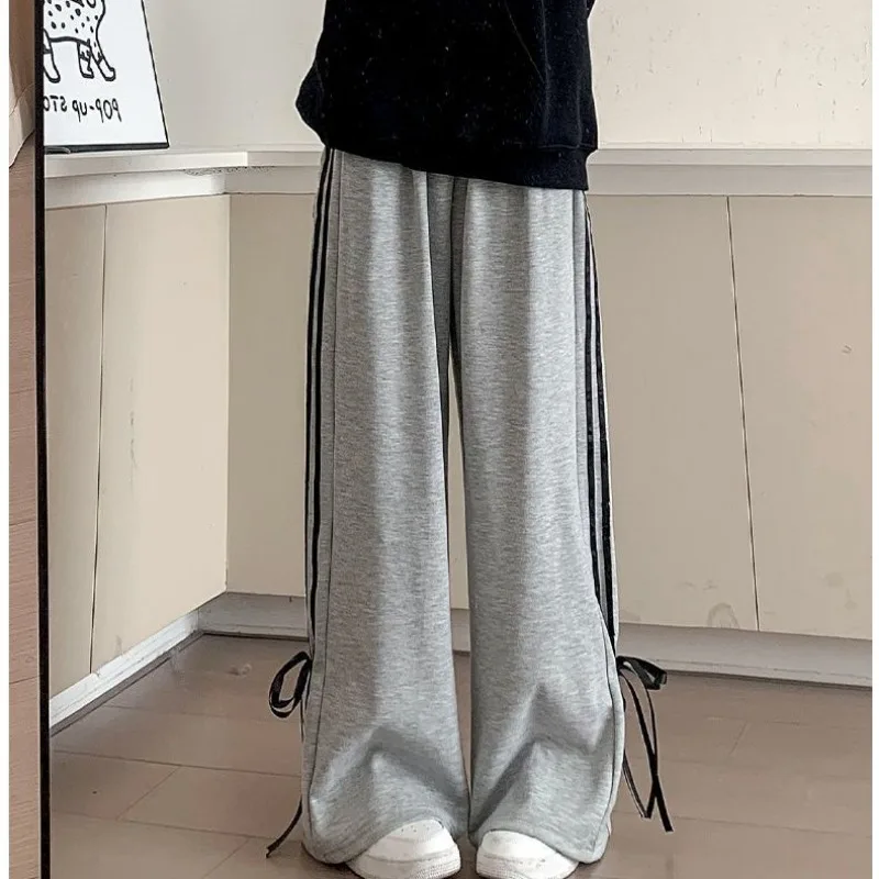 Sweet Striped Sports Straps Floor Length Pantalones Women\'s Spring Summer New Trousers High Waist Loose Slim Wide-leg Sweatpants