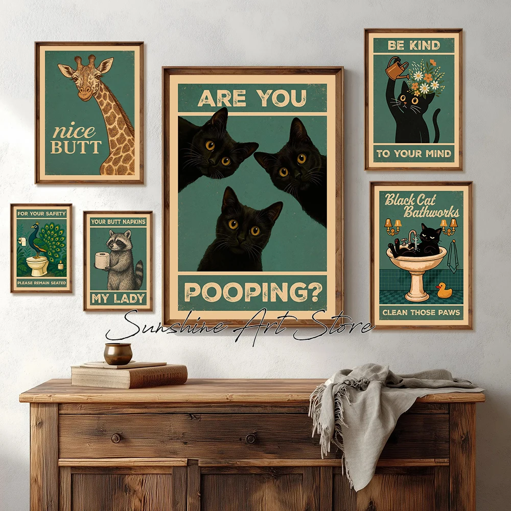 Black Cat Are You Pooping Bathroom Jokes Your Butt Napkins My Lady Funny Bathroom Poster Canvas Painting Wall Picture Home Decor