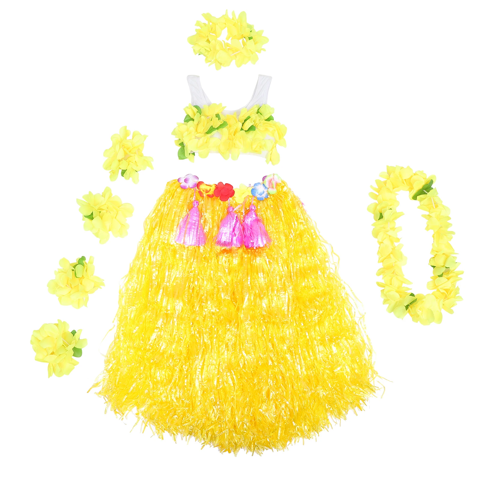

6Pcs Tropical Hula Dance Skirt Set for Kids Includes Grass Skirt Flower Accessories Adjustable Hook and Loop Design 40Cm Green