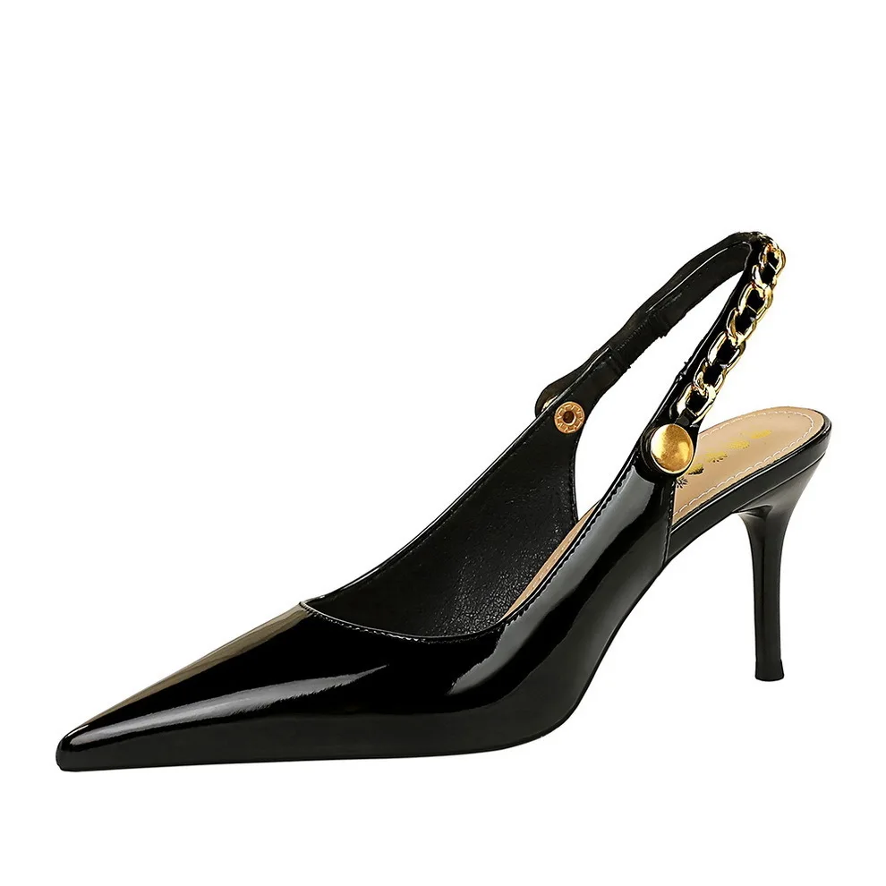 Escarpins à talons hauts en cuir verni pour femmes, bouche peu profonde, Parker pointu, dos évidé, JOStrap en métal, style banquet