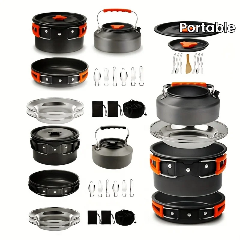 1set, Camping Pot And Pan Set For 2-3 People Use, Portable Cookware Tableware Set With Cooking Pot, Frying Pan, Kettle, Knives