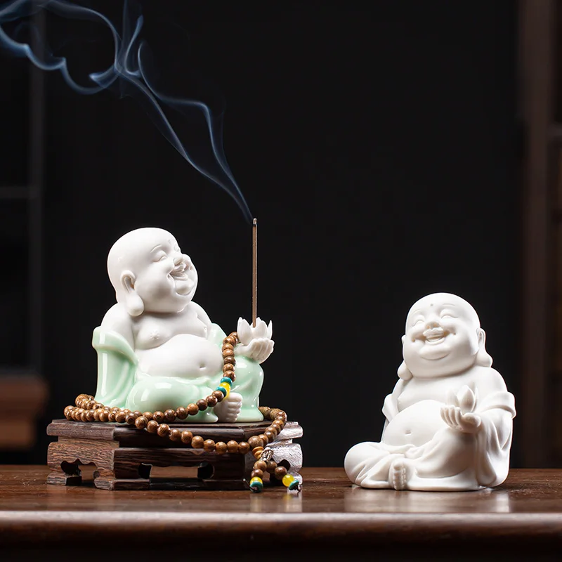 Creative Chinese Ceramic Maitreya Statue Desktop Decoration Household Joss-Stick Incense Stick Holder Support Censer