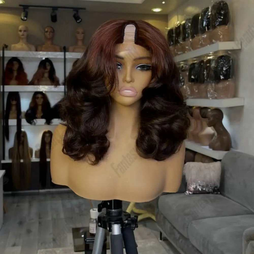 Red Brown Ombre Dark Brown Body Wave Human Hair 1x4 U Part Wig for Black Women Easy Wear V Part Wig with Clips&Combs Glueless