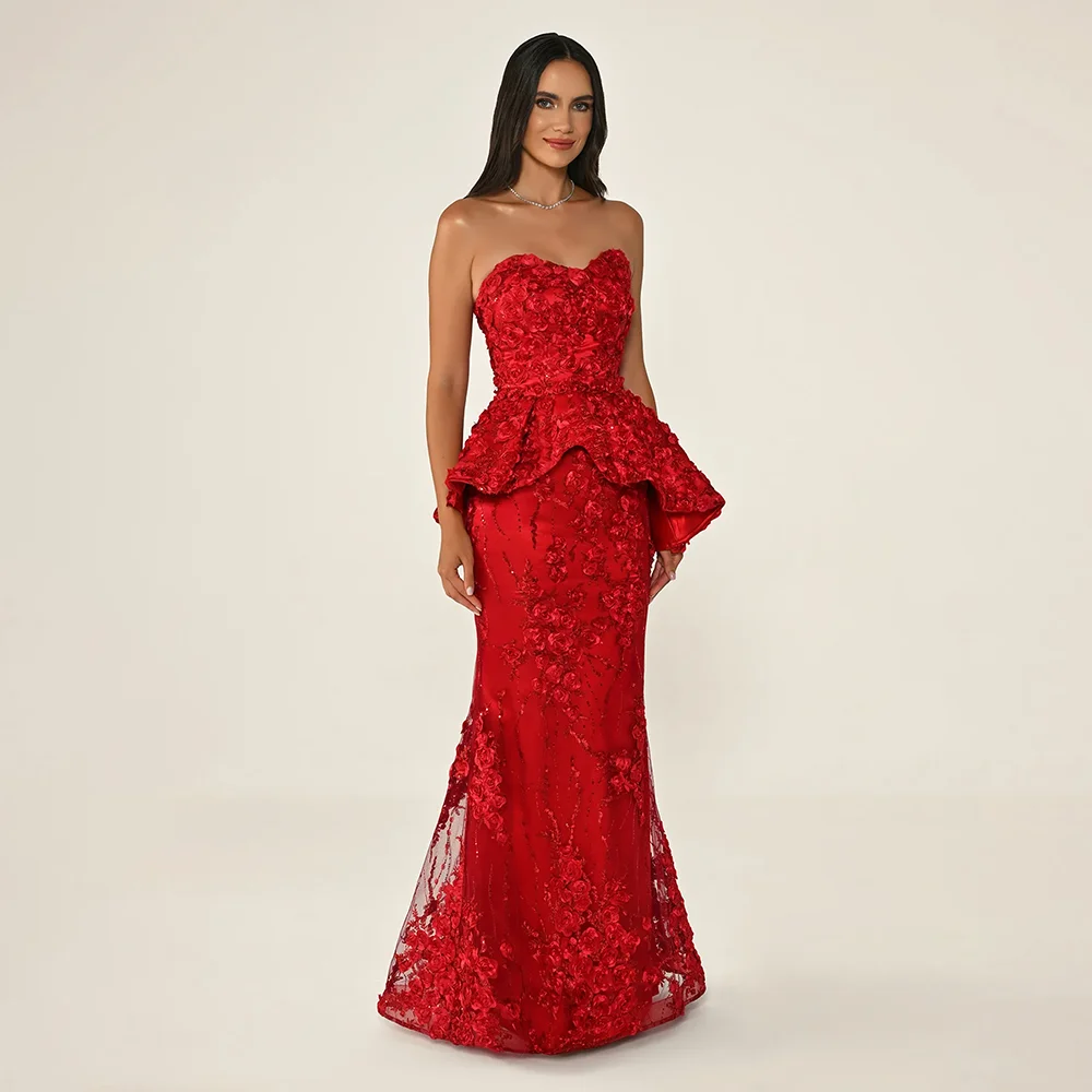 Schwarzes Abendkleid mit Spitzenapplikationen, maßgeschneidert, trägerlos, Meerjungfrau, rückenfrei, bodenlang, formelle Partykleider, maßgeschneidert – Detail 5