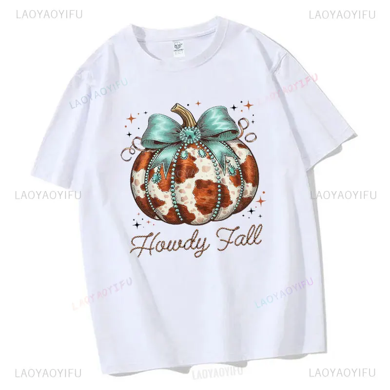 Howdy Fall Western Pumpkin Graphic T Shirts Womn Tshirts Fall Cowhide Pumpkin Funny Tee Top Coquette Bow Pumpkin Fall T-shirt