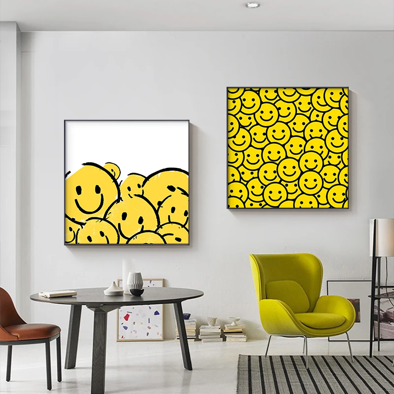 Modern Simple Cute Yellow Smiley Korean Ins Face Smile Canvas Paintings Decor Home Decorative Pictures Prints Wall Art Posters